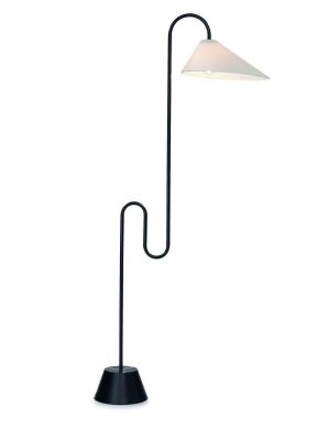 Roattino Stehleuchte von ClassiCon mit schwarzem Gestell und weißem Lampenschirm. Design Stehlampe.